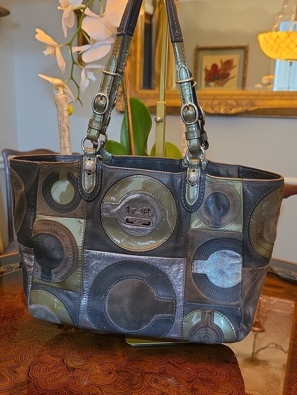 Coach MIA Patchwork Circle Leather Tote in Olive and Black - Picture 1 of 14